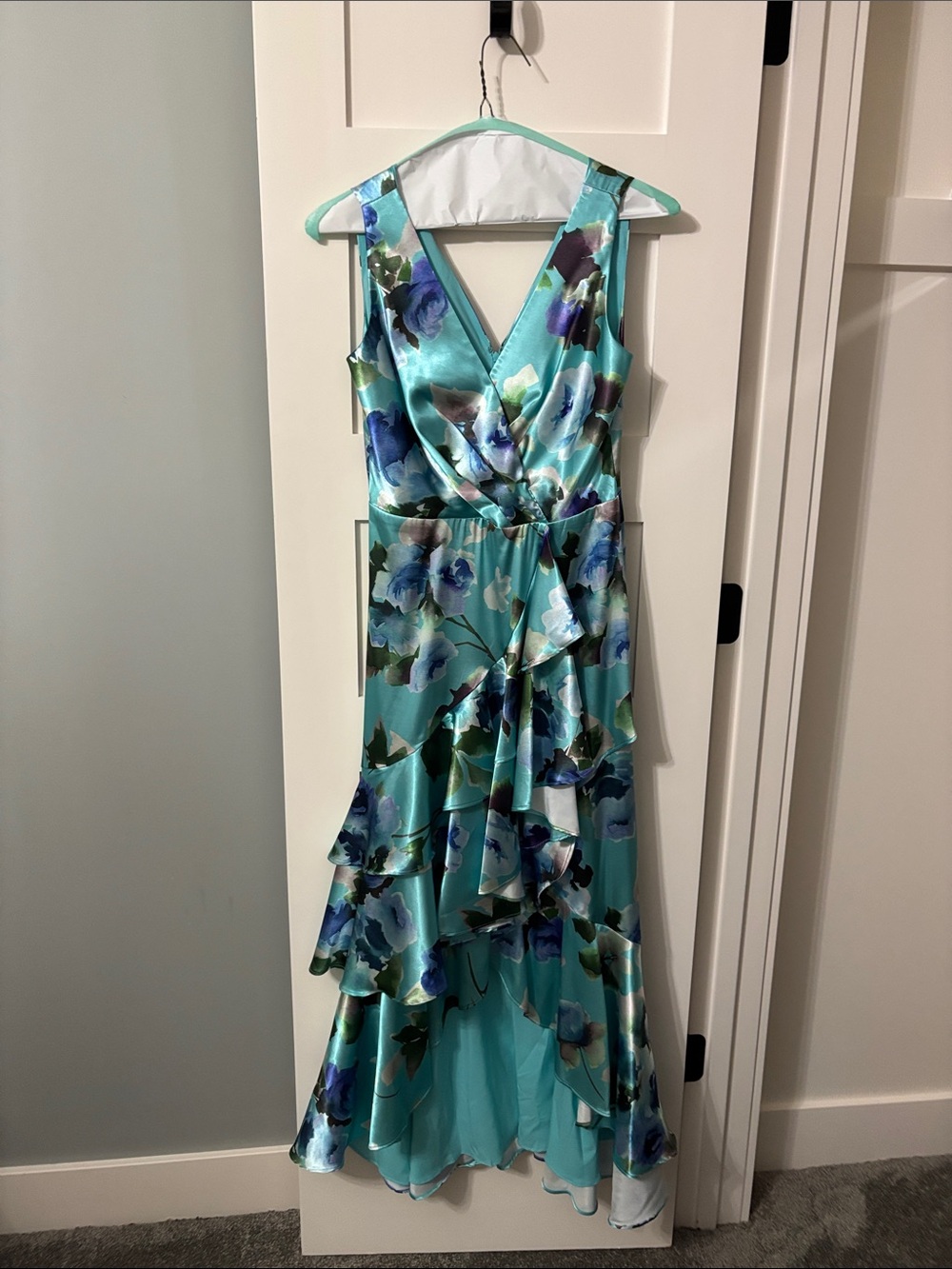 Eliza J Aqua Floral Ruffled High-Low Dress